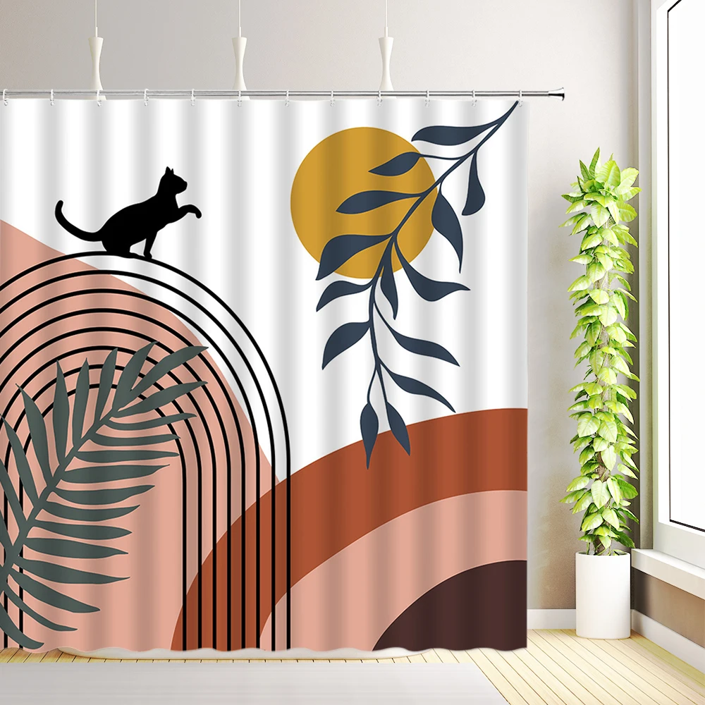 Mid Century Abstract Shower Curtain Boho Arch Sun Modern Minimalistic Plant Leaves Bathroom Decor Fabric Curtains with Hooks