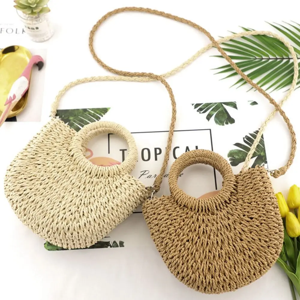 Big Capacity Handmade Bags Straw Moon shaped Wrapped Beach Bag Top Handle Handbags Ladies