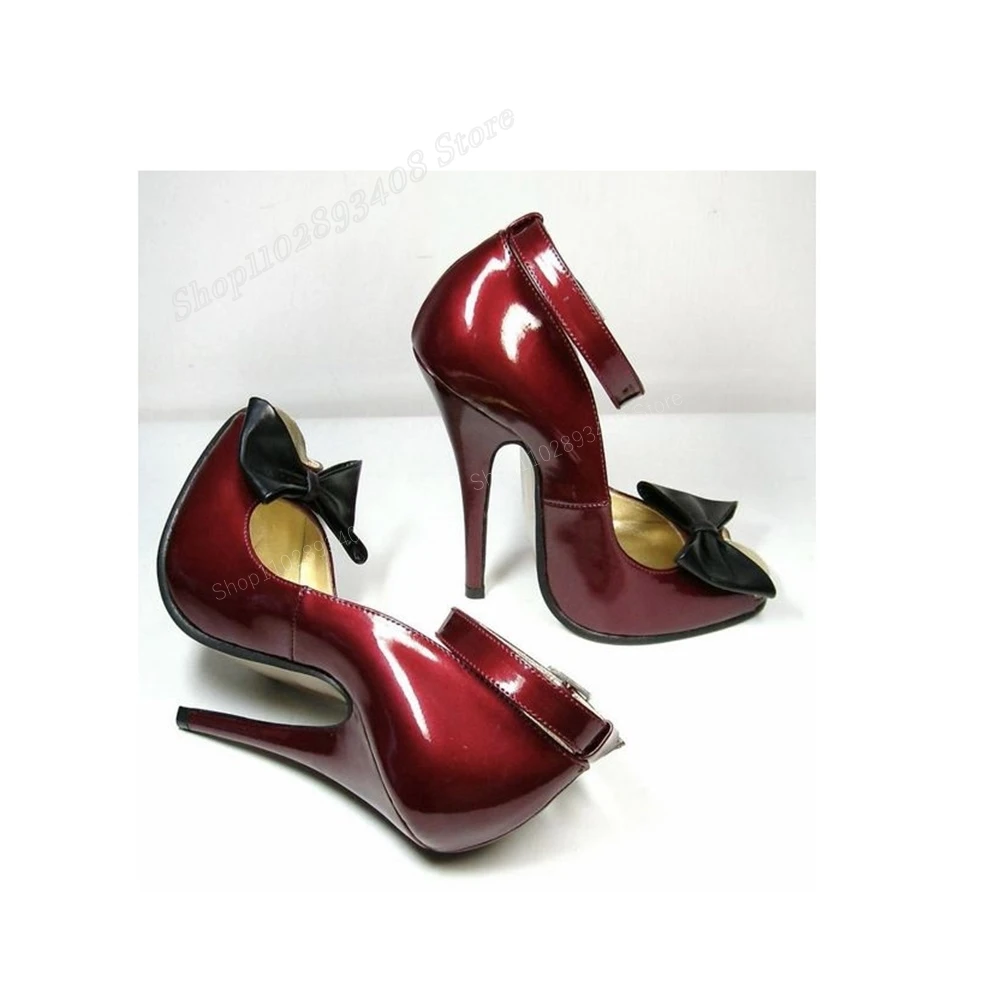 

Wine Red Butterfly Knot Peep Toe Pumps Patent Leather Stiletto High Heel Sexy Women Shoes 2023 New Fashion Zapatos Para Mujere