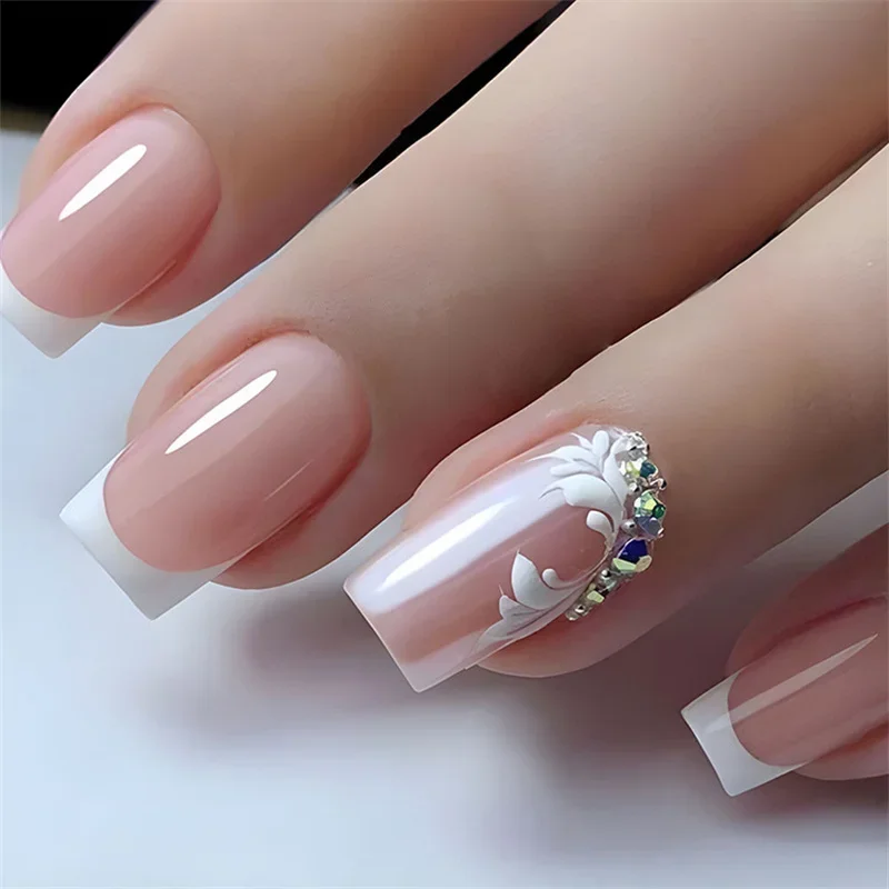 24Pcs Mid Length French Fake Nails with Butterfly Design Square False Nails Wearable Finished Nail Tips Ballet Press on Nails