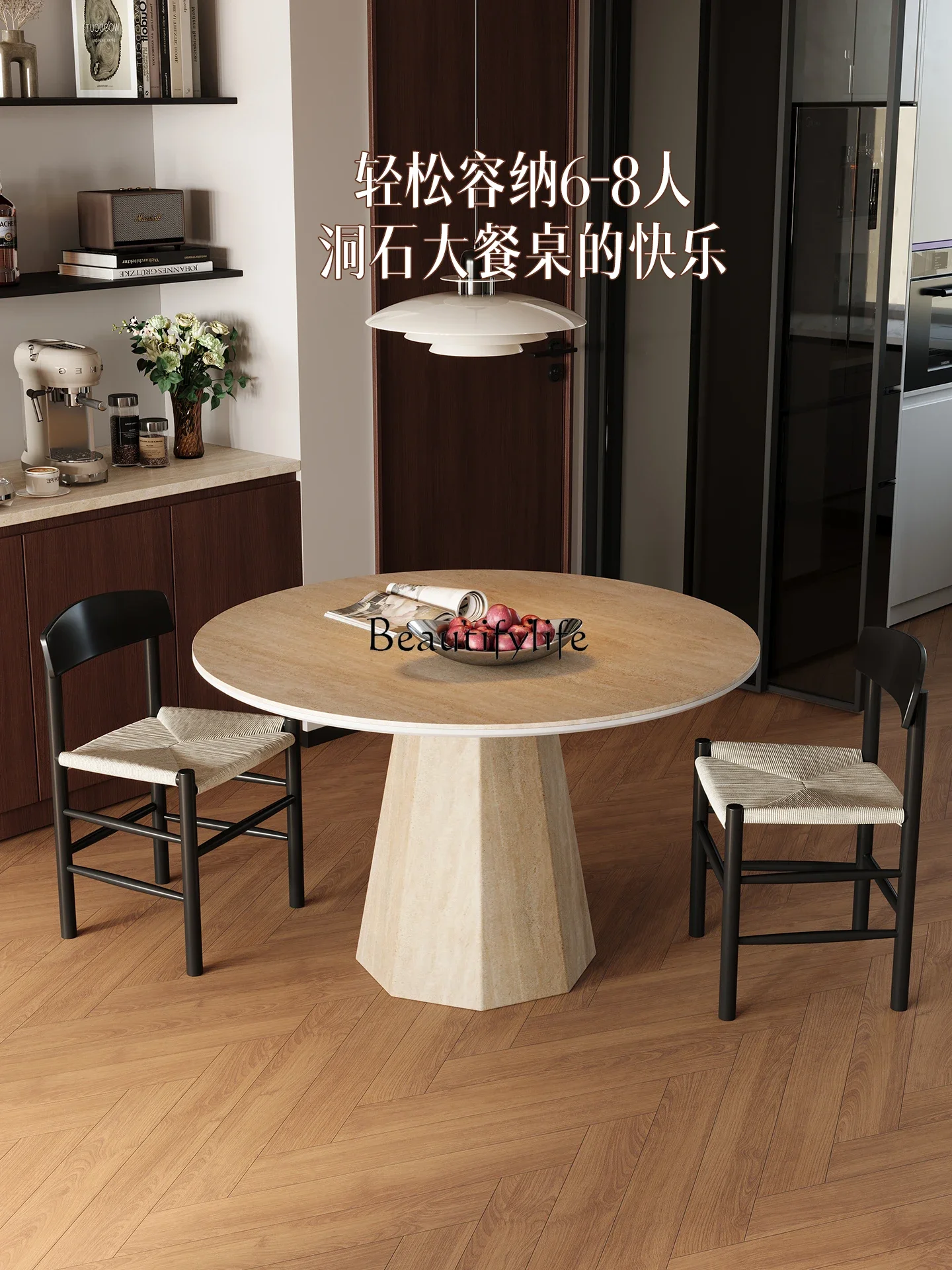 

yj19 Nordic Travertine Stone Dining Table for Home Use, Round Small Apartment Vintage Round Table, Wabi-Sabi Style
