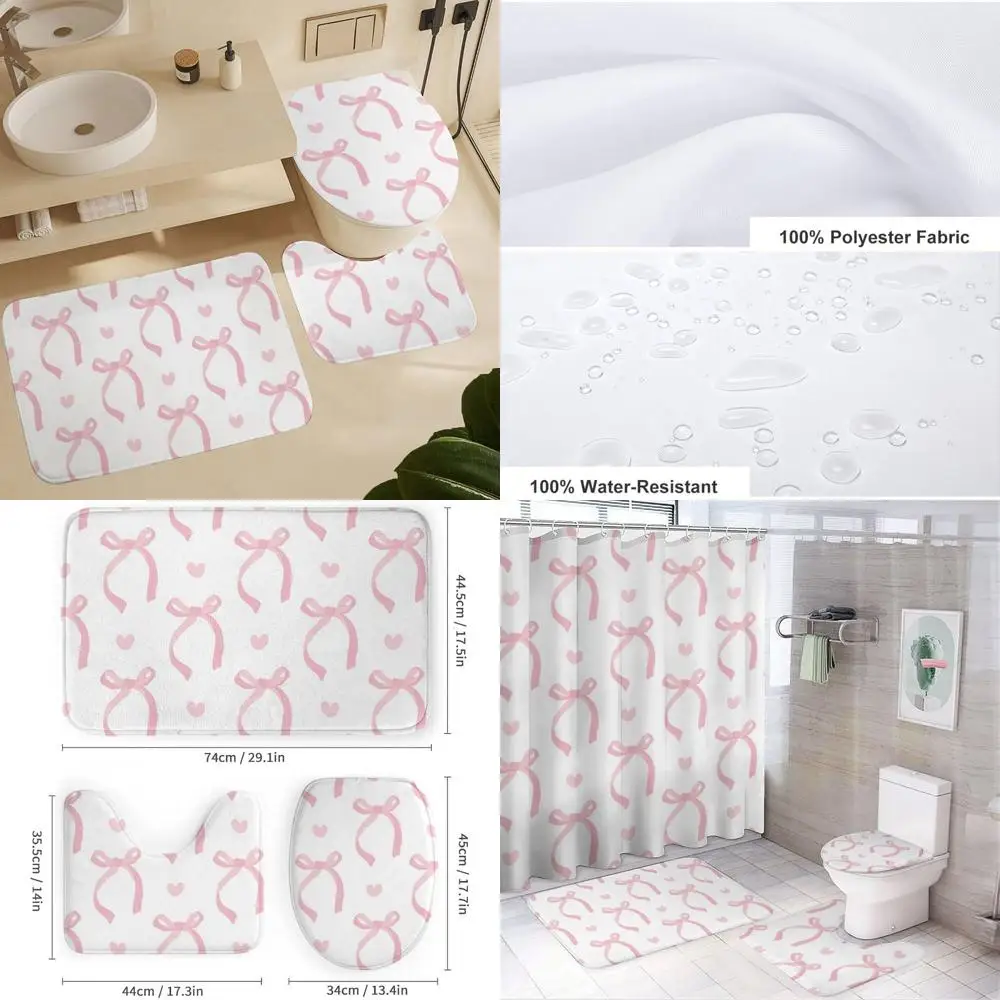 

Pink Ribbon Shower Curtain Set with Matching Bathroom Accessories, Non-Slip Rug, and Toilet Lid Cover - 72 x 72 Decor