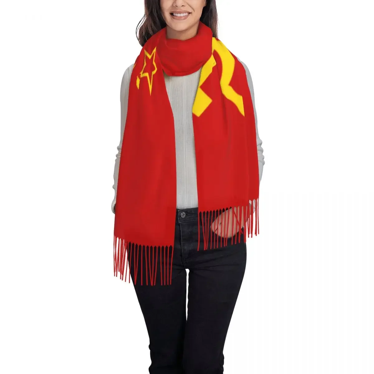 Fashion Retro Russian Soviet Flag Tassel Scarf Women Winter Warm Shawls Wraps Female USSR Hammer and Sickle CCCP Scarves