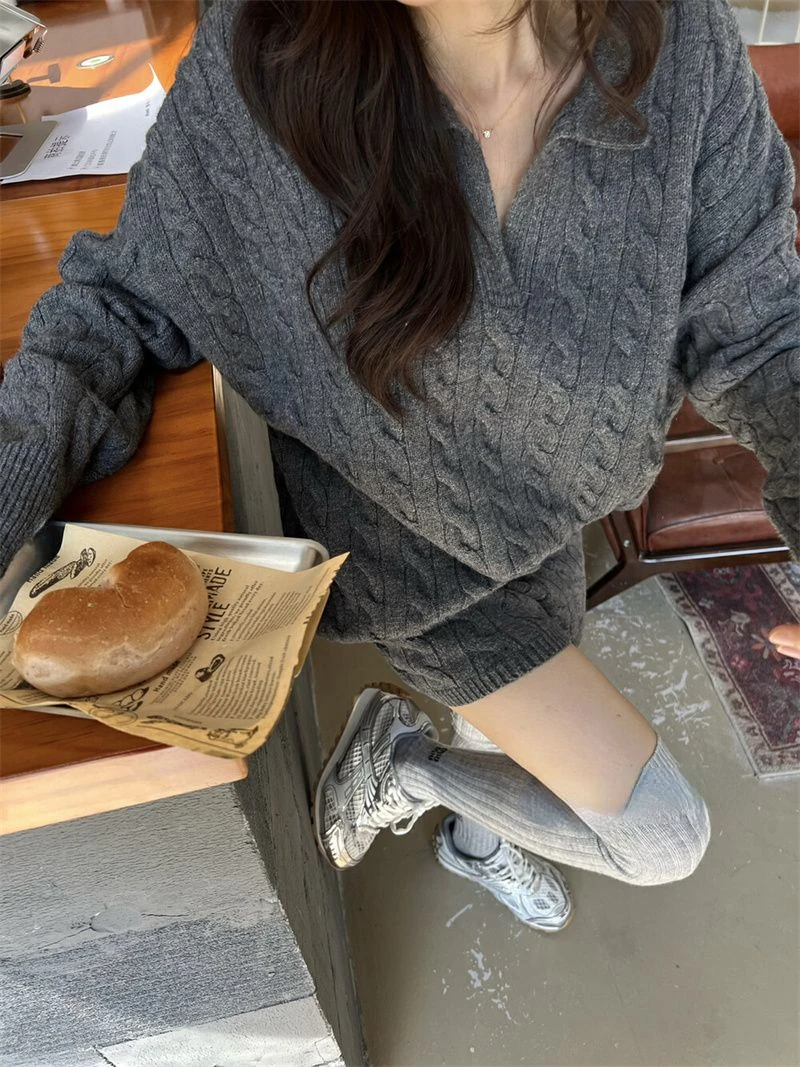 Winter Korean Style Knited Sweater Suit Women Loose Casual Polo Pullover Top +sweater Shorts Female Two Piece Set Outfits 2024