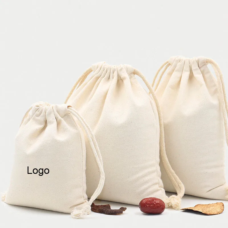 10pcs/lot Thicken Natural Cotton Canvas Bags Big Drawstring Gift Pouches Home Kitchen Storage Packaging Bag Customize Logo Print