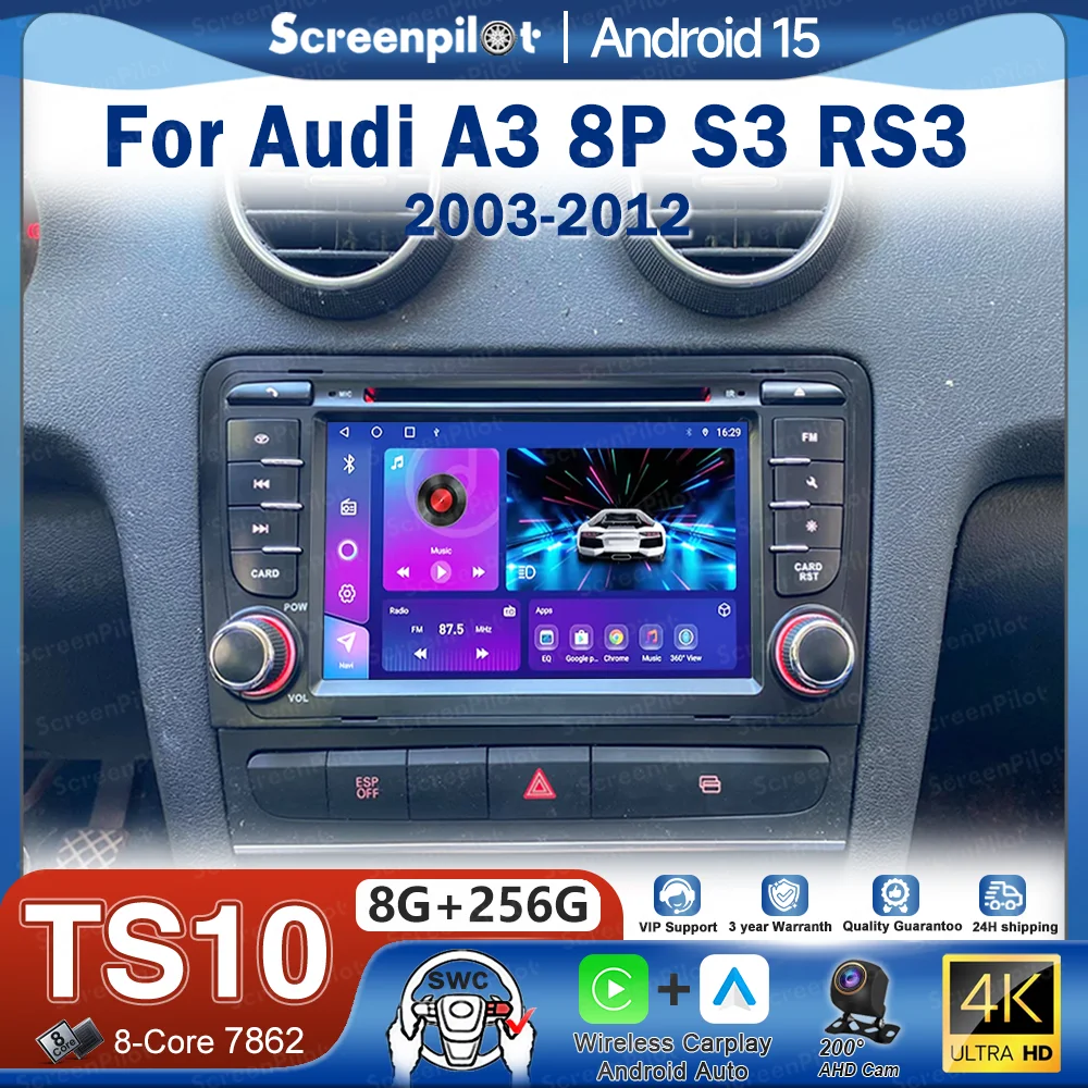 For Audi A3 8P S3 RS3 2003-2012 Android 16 Stereo 7'' Head Unit Car Radio Player GPS Navigation Screen Head Unit Carplay 4G