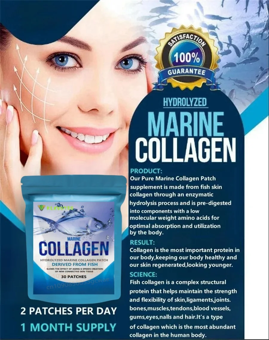 Hydrolyzed Fish Collagen Marine Tablets Skin Anti Ageing Tissue Joints 30 Patches, Transdermal Patches Made In The Usa