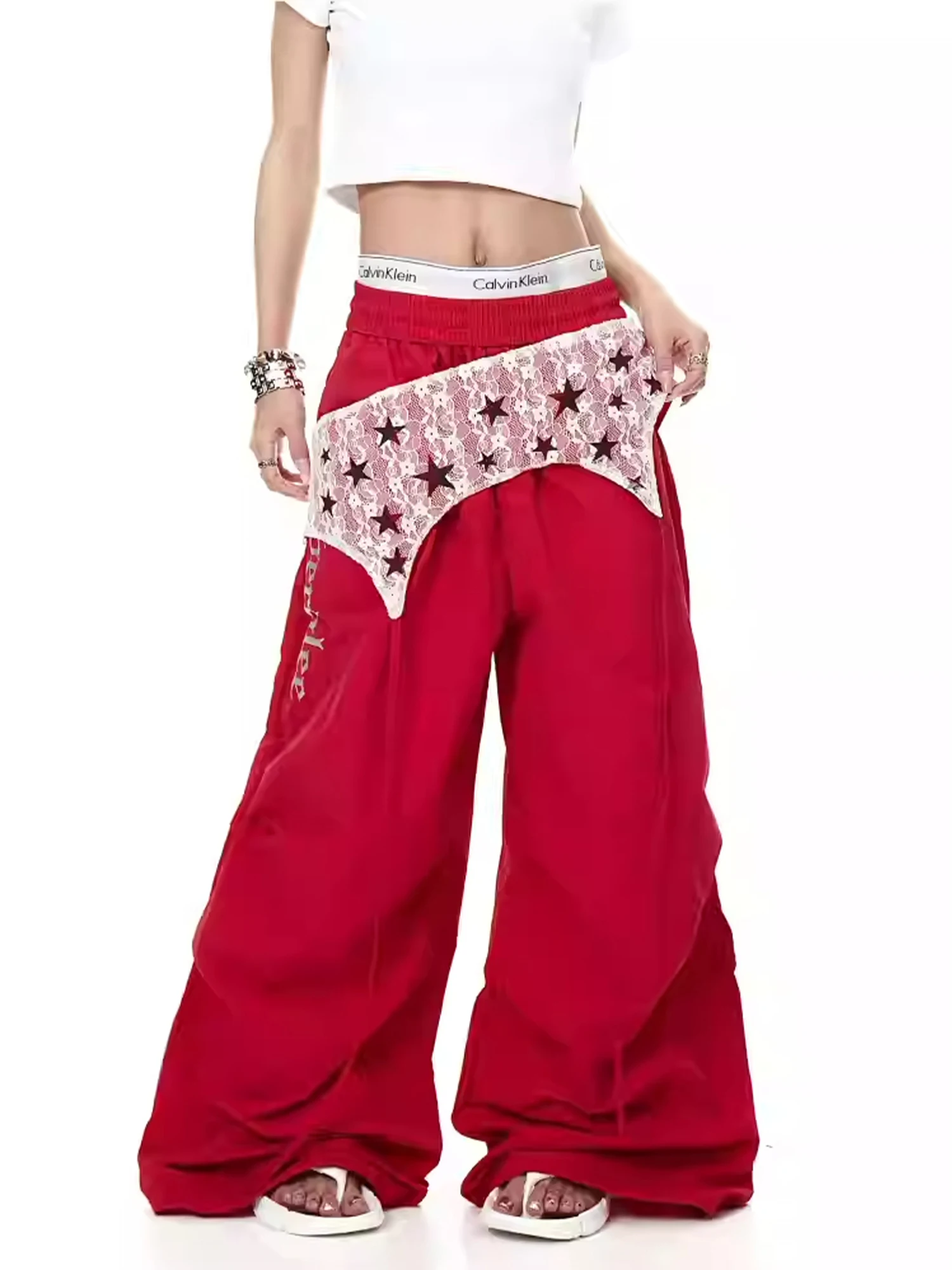 Women's Red Baggy Parachute Pants Oversize Cargo Pants Harajuku Japanese 2000s Style Y2k Gyaru Vintage Trousers Clothes Summer