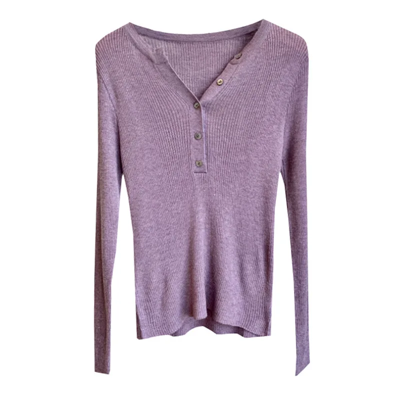 Light Weight Knitted Henley Sweater Women Wool Blended Ribbed Pullover Tops