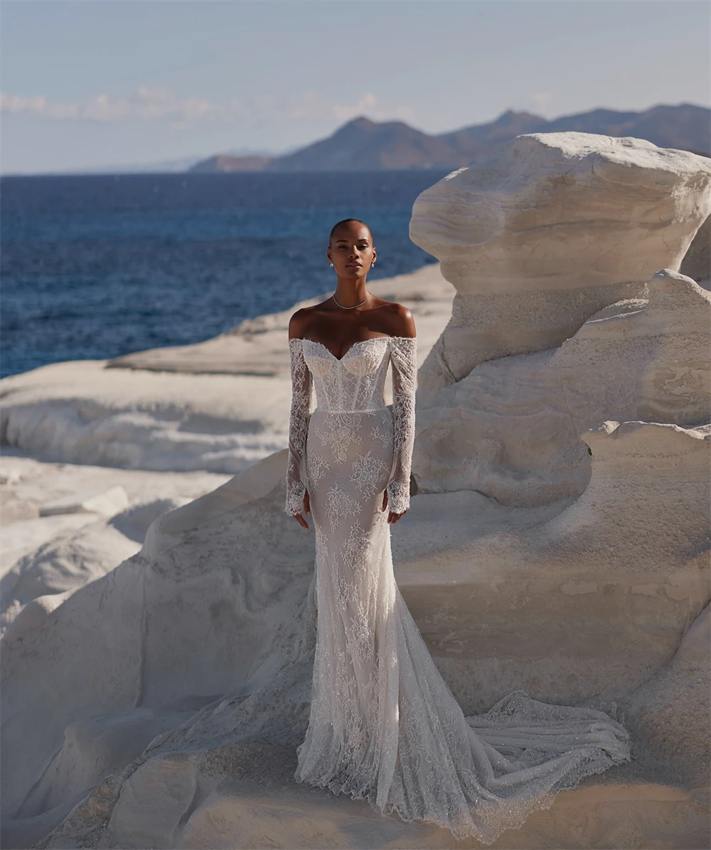 Vestido De Novia De encaje blanco bohemio personalizado, vestidos De Novia formales De manga larga con escote en forma De corazón, Vestido De Novia suave con cola De corte De sirena