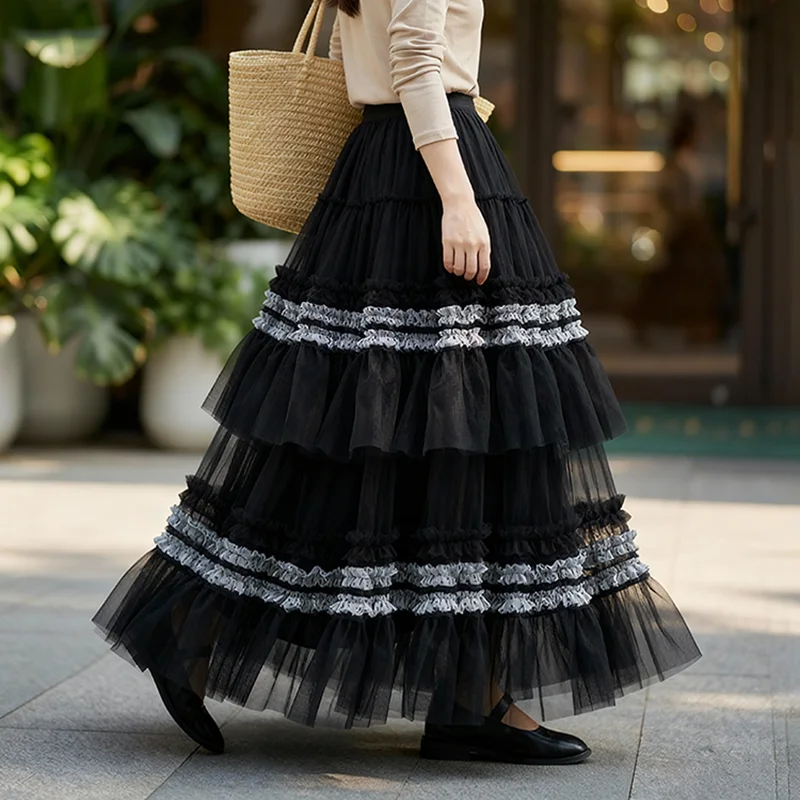 Women Layered Tulle Maxi Skirt Ruffled Polka Dot Patchwork High Waist Party Long Skirt