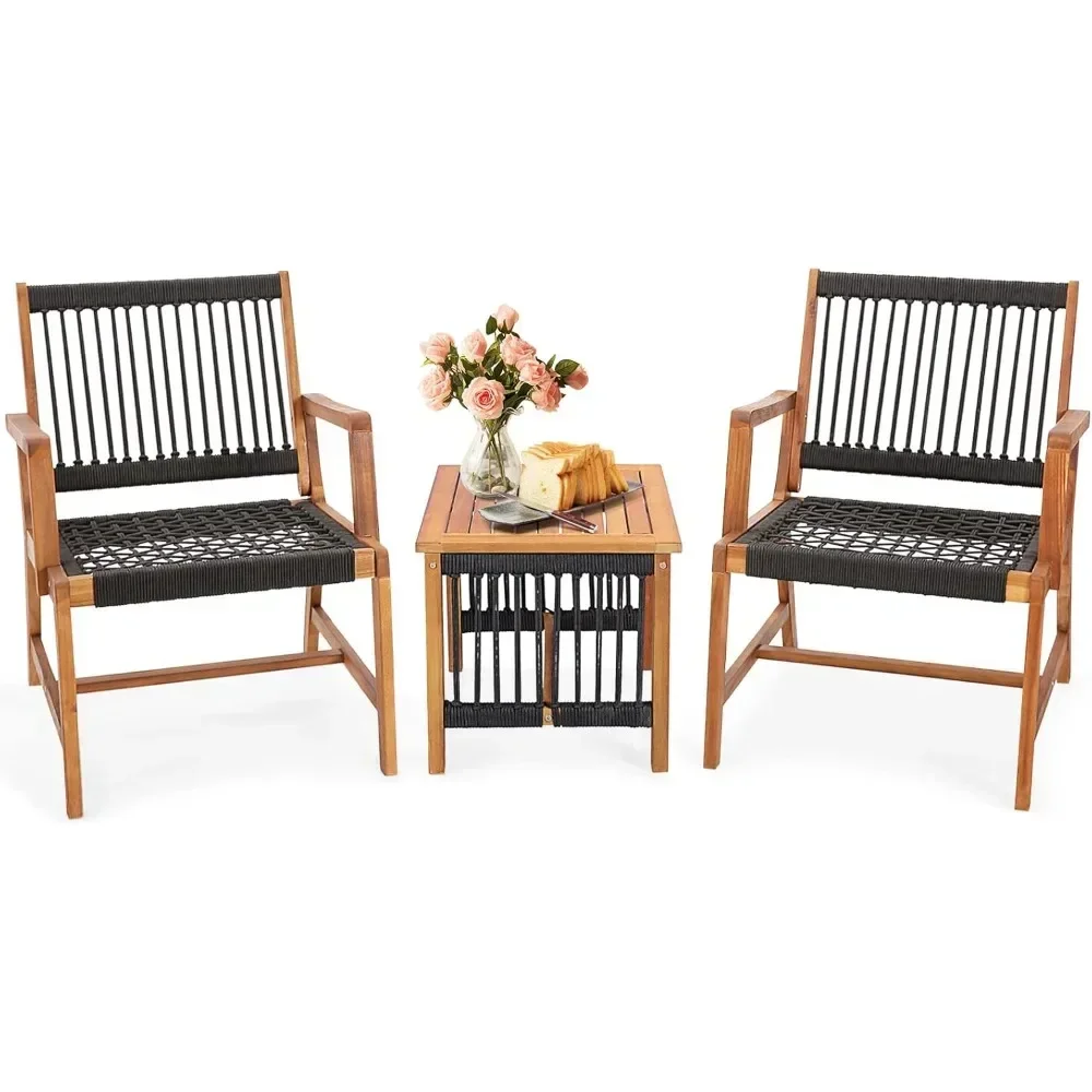 Juego de muebles de madera de Acacia para exteriores, Bistro tejido con cuerda para todo tipo de clima, con sillones y mesa de centro, 3 piezas