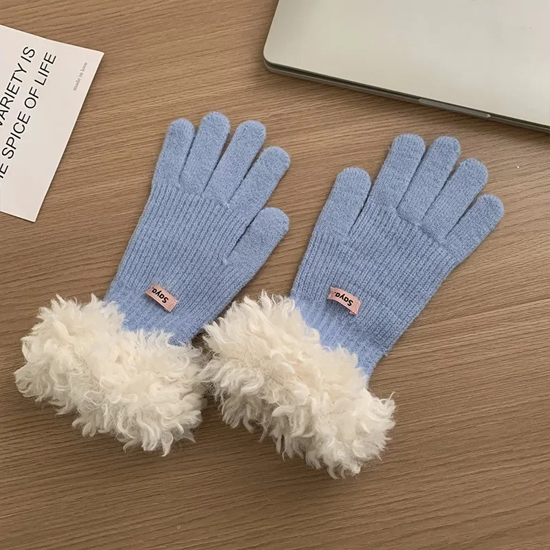 Outdoor Winter Gloves Blue Plush Edge Mittens Knitted Warm Snow Cycling Touch Screen Gloves Women Korean Windproof Cold Fashion