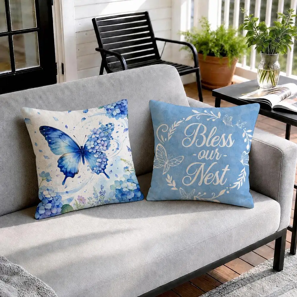 Blue Watercolor Hydrangea Cushion Cover Natural Linen Organic Fabric Double-Sided Printing Sofa Home Decor Gift Pillow Cover