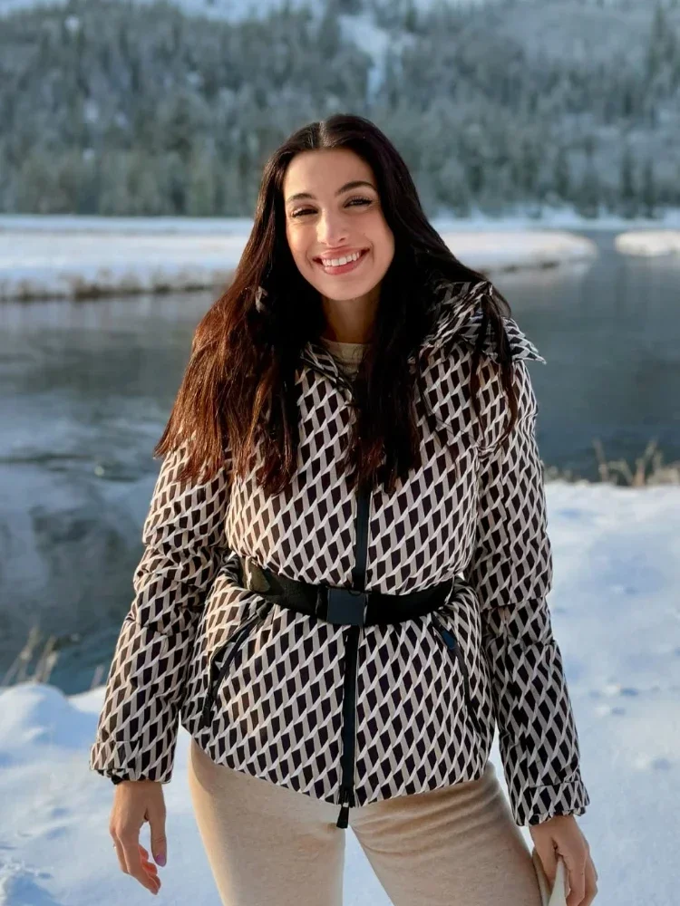 

New Women's Hooded Warm Ski Wear Jacket High Collar Long Sleeves with Belt Windproof Thermal Jacket Winter Female Chic Overcoat