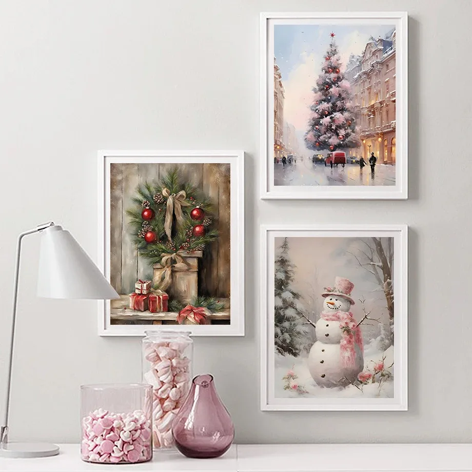 Vintage Zug Rosa Schneemann Rosa Weihnachtsbaum Wald Weihnachtsmann Poster Druck Leinwand Malerei Nordic Wand Kunst Home Room Decor