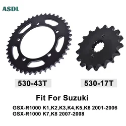 530 43T 17T Motorcycle Front Rear Sprocket Kit for Suzuki GSX-R1000 K1-K6 2001-2006 GSX-R1000 K7 K8 2007-2008 GSXR1000 GSXR 1000