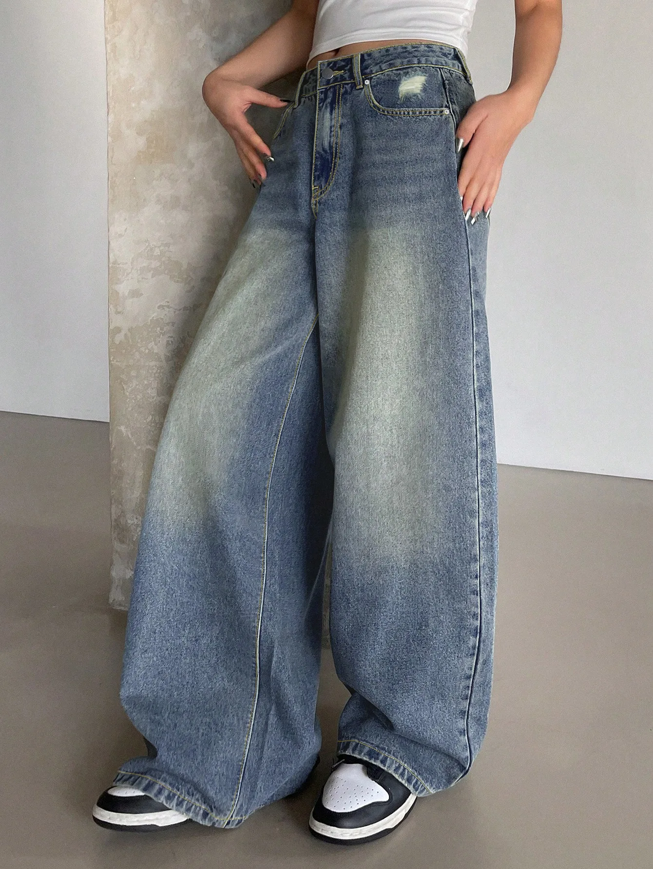 Pantalon de nettoyage à jambes larges pour femmes, denim européen et américain, jean amincissant, taille haute, trou, tout match, nouveau, 2024