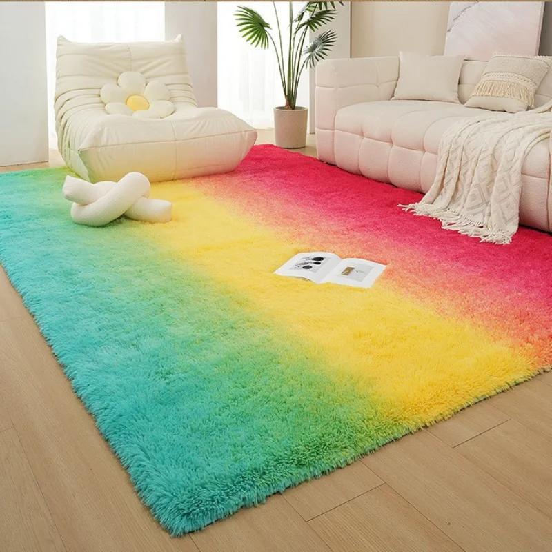 

Tie-dyed Gradient Bedside Carpet Long-haired Silk Wool Rug Living Room Easy to Maintain Bedroom Coffee Table Mat