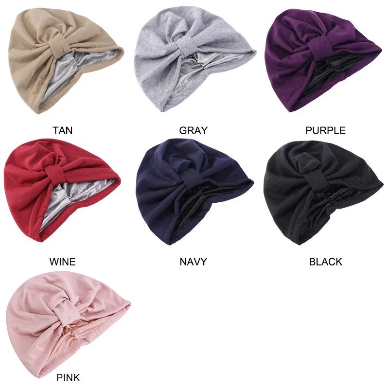 Satin Lined Bonnet Cap For Women Bamboo Stretch Satin Silky Night Sleeping Cap Skullies Muslim Turban Head Wrap Hair Care Bonnet