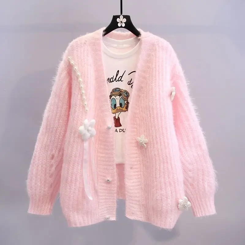 Nail Buckle Design Sweater College Style Jacket 2024 Spring and Autumn Winter New Loose Lazy Style Fashionable Knitted Cardigan