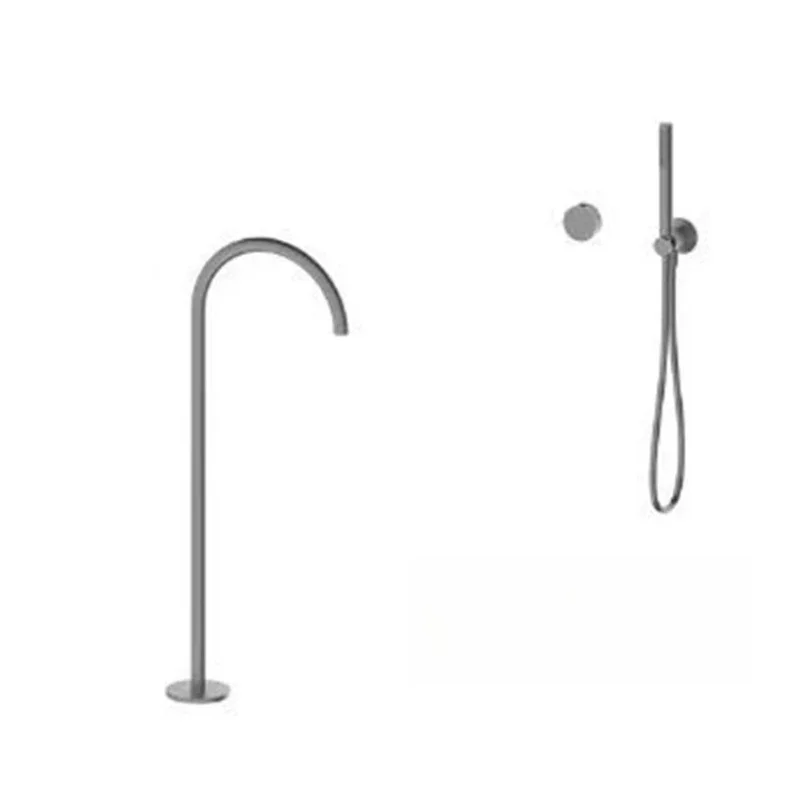 Brushed, floor-to-ceiling bathtub faucet, switch into wall