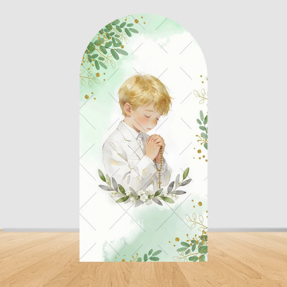 First Holy Communion Arch Backdrop Cover Boys Girls Christening God Bless Cross Green Leaves Decor Backgrounds for Photographs view 6