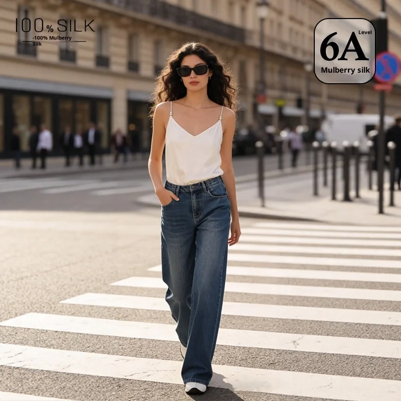 100% Mulberry Silk V-neck Camisole Women's Summer Spaghetti Strap Layering Satin Basic Tank Top Sexy Suspender Tops Home Shirt