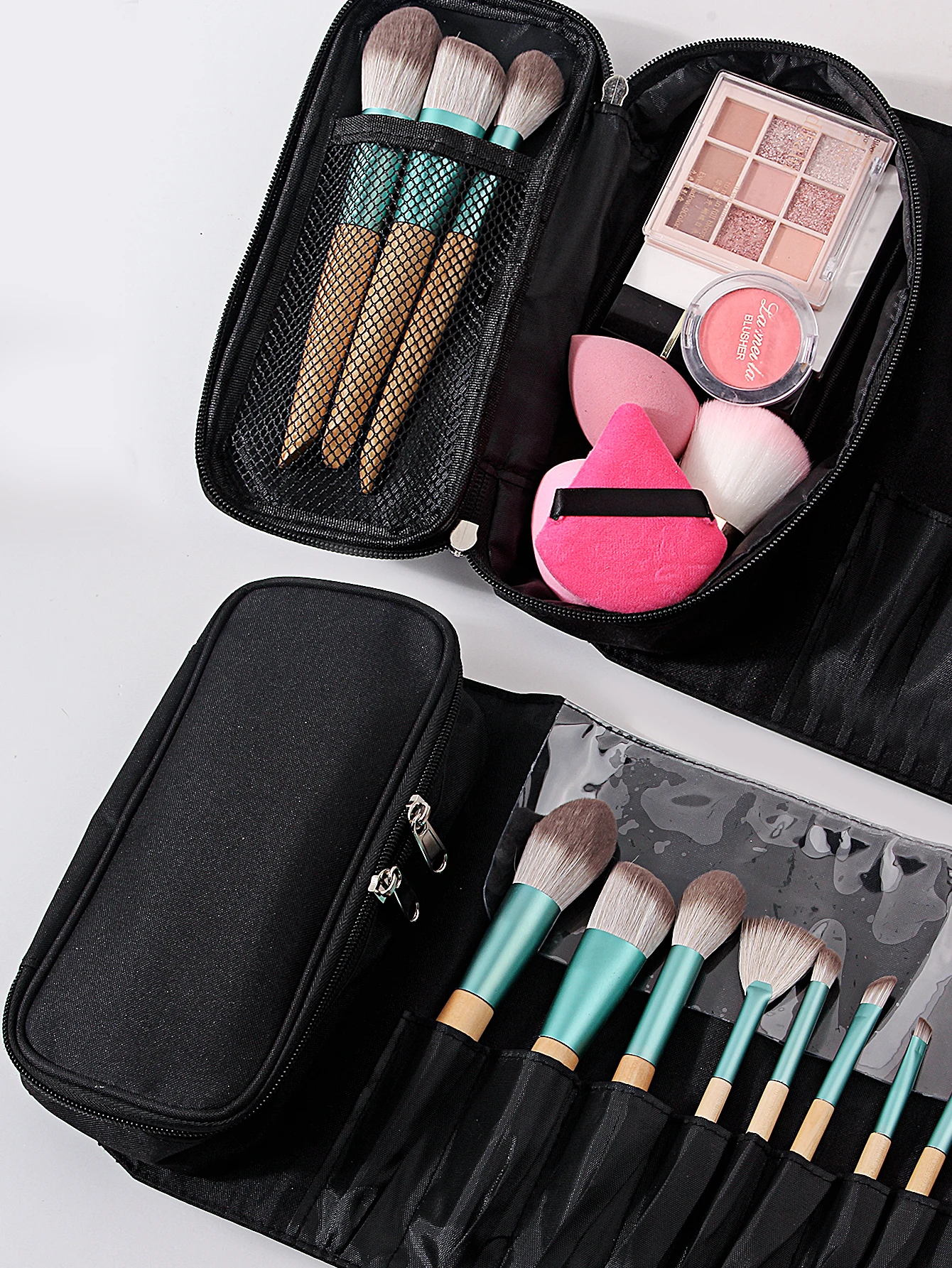 1 ชิ้นกระเป๋าแต่งหน้าผู้หญิงแปรงเครื่องสําอางกระเป๋าเดินทางแปรงแต่งหน้าพับเครื่องมือ Rolling กระเป๋ากันน้ําไนลอนกรณีแต่งหน้า