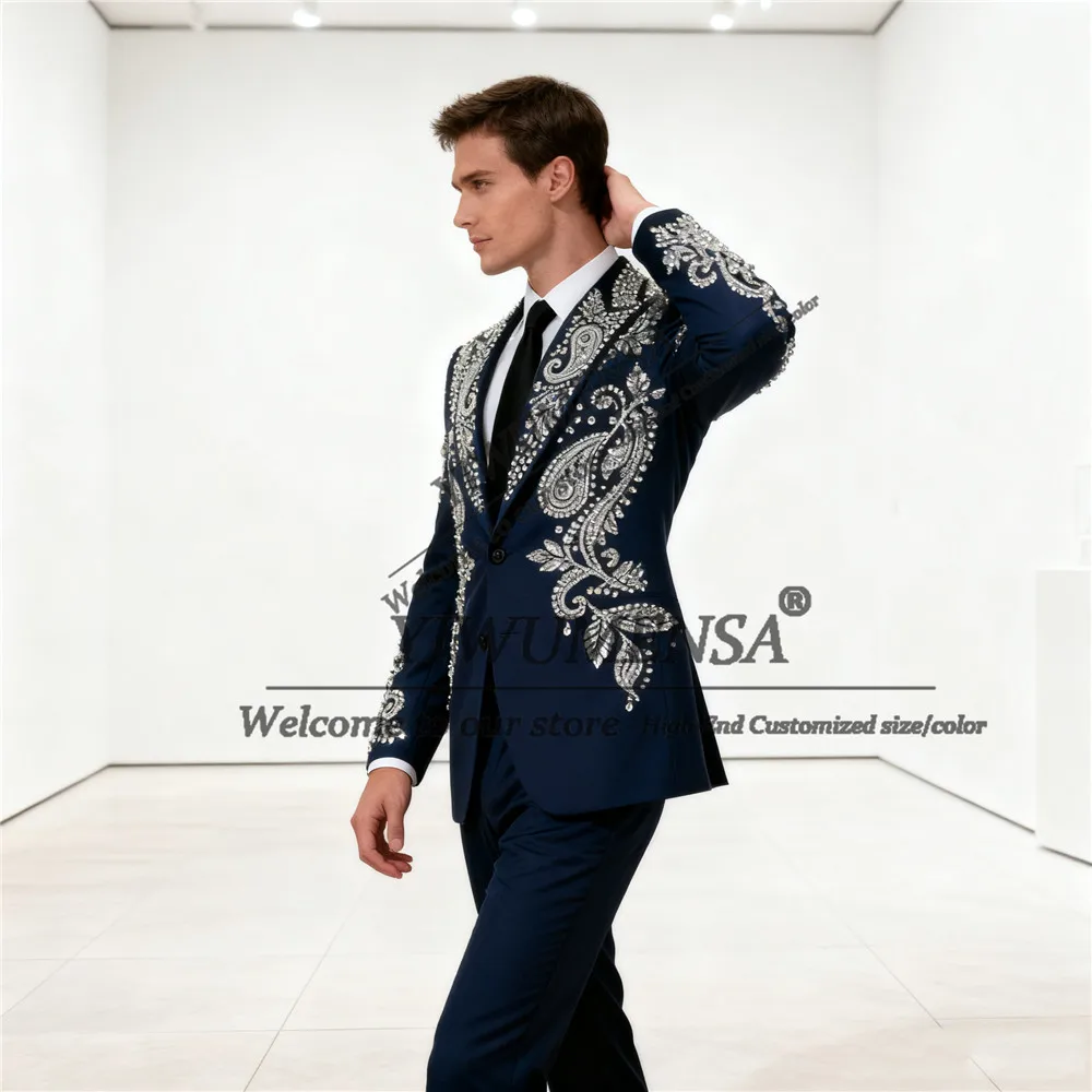Luxury Rhinestones Beaded Suit Attire For Men Slim Fit Customized Wedding Tuxedos 2 Pieces Set Groom Male Blazer Ternos Completo
