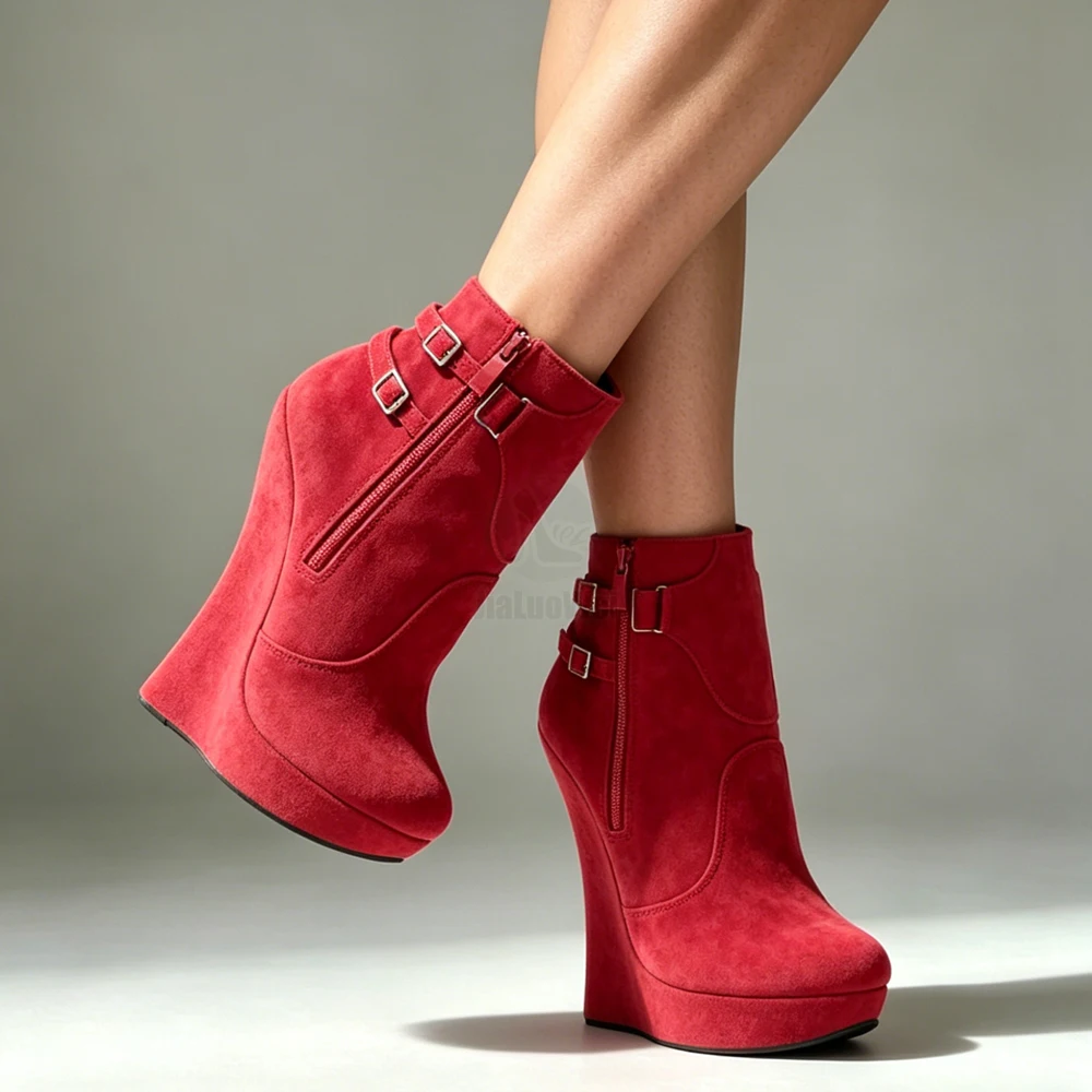 High Heel Boots Women 7 inch Extreme High Heel Platform Sexy Fetish Wedge Heeled Buckle Straps Ankle Boots Size 36-46