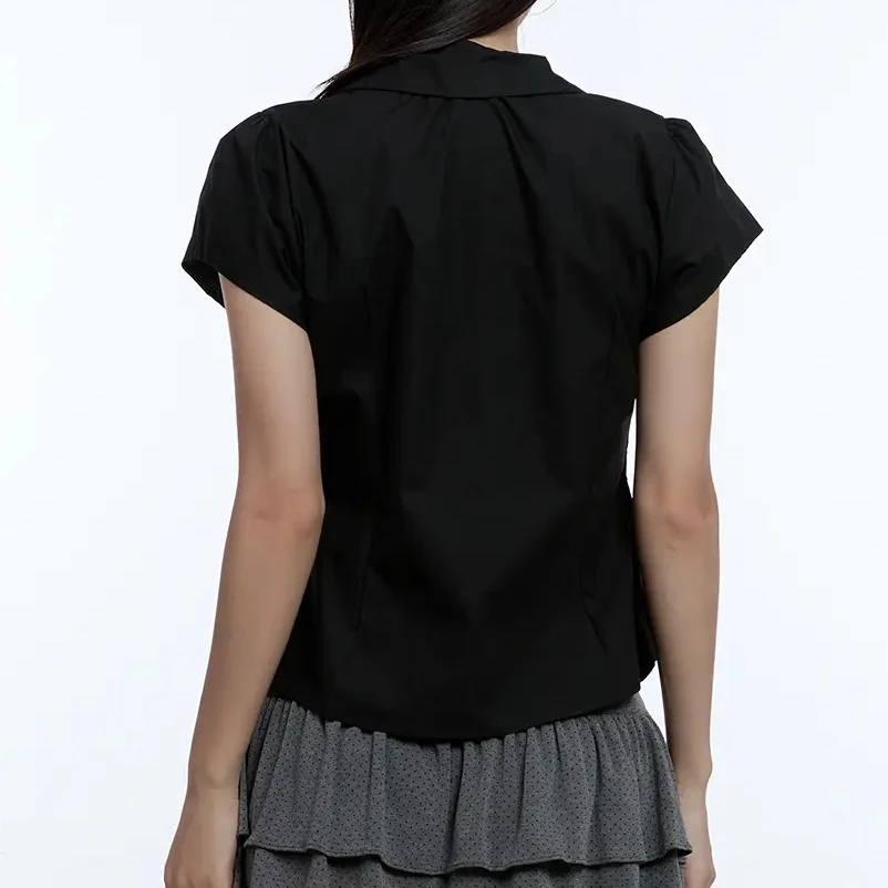 Y2K 셔츠 여성용 버튼 다운 셔츠 캐주얼 슬림핏 스타일리시한 솔리드 컬러 턴다운 칼라 반소매 탑 여름용