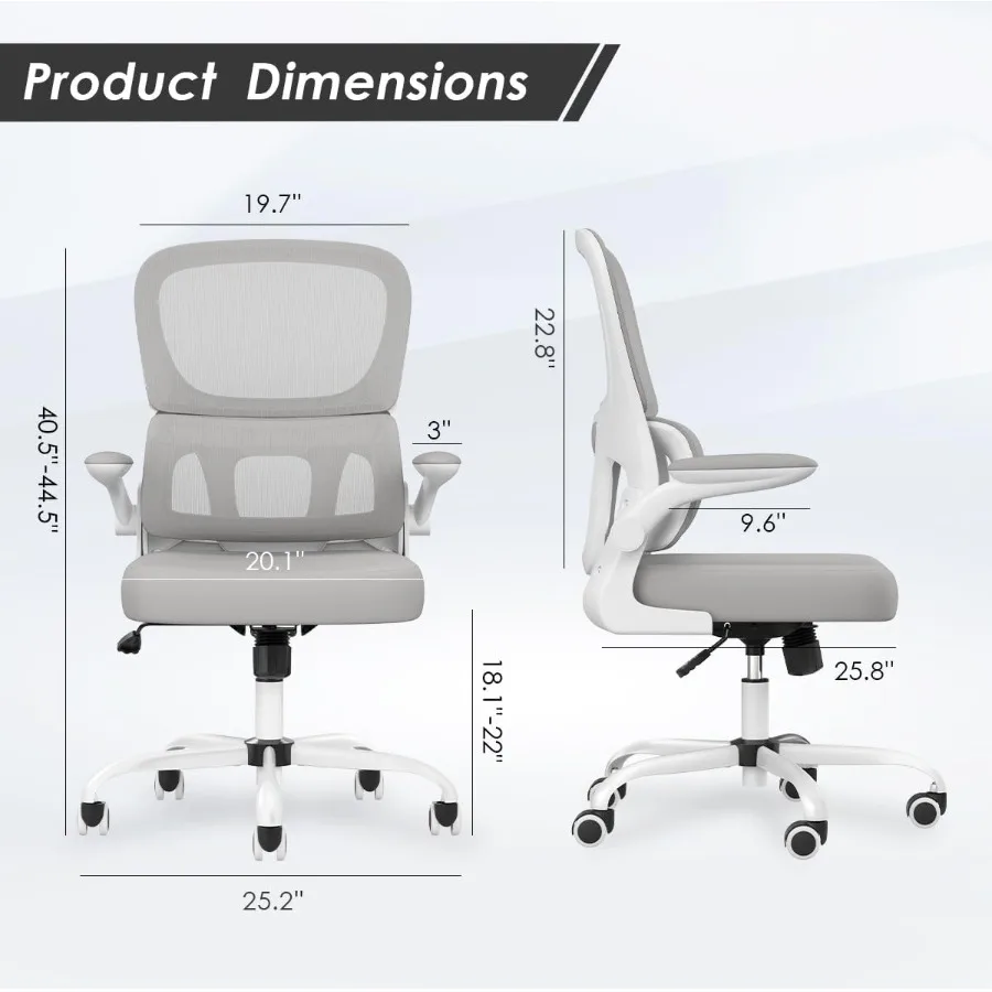 Home Office Chair with Flip-Up Arms, Adjustable Lumbar Support, Height Swivel Adjustment, Rolling Casters, White Fabric Seat fo