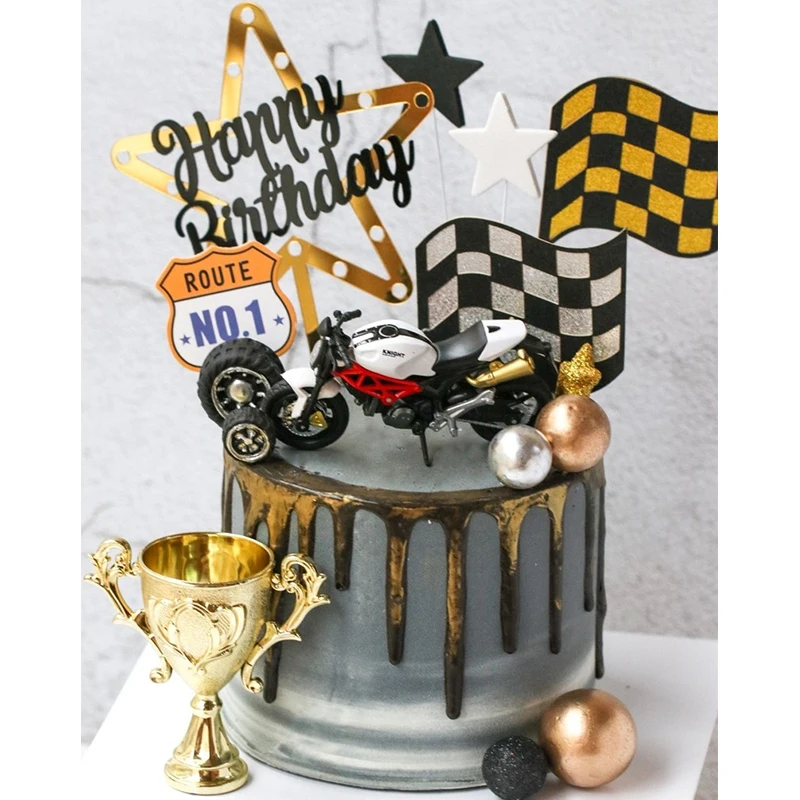 Racing Theme Party Cake Decoration Motorcycle Happy Birthday Cake Topper Men's Racing Flag Trophy Cupcake Toppers Baking Decor