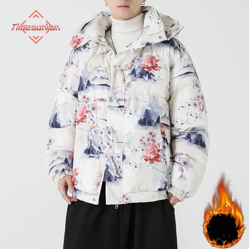 

Мужская утолщенная зимняя куртка с капюшоном, повседневная хлопковая парка с принтом, ветрозащитная куртка на молнии, унисекс, модная мужская верхняя одежда для пар