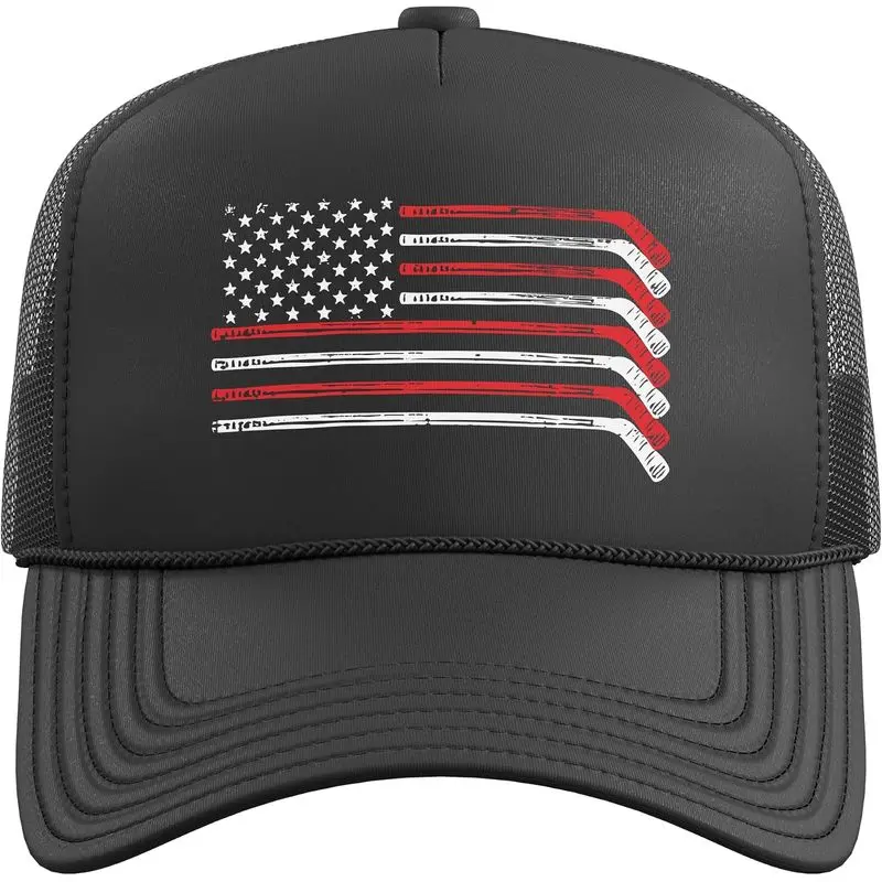 Ice Hockey Sticks US Flag Patriotic Player Men Boys Kids Trucker Hat with Adjustable Mesh Back