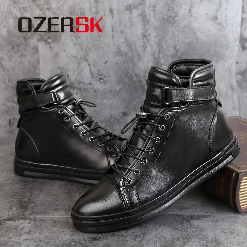 OZERSK Brand Men Boots Autumn Winter Warm Leather Snow Boots Sneakers High Top Rubber Ankle Boots Men Casual Shoes Size 38~48