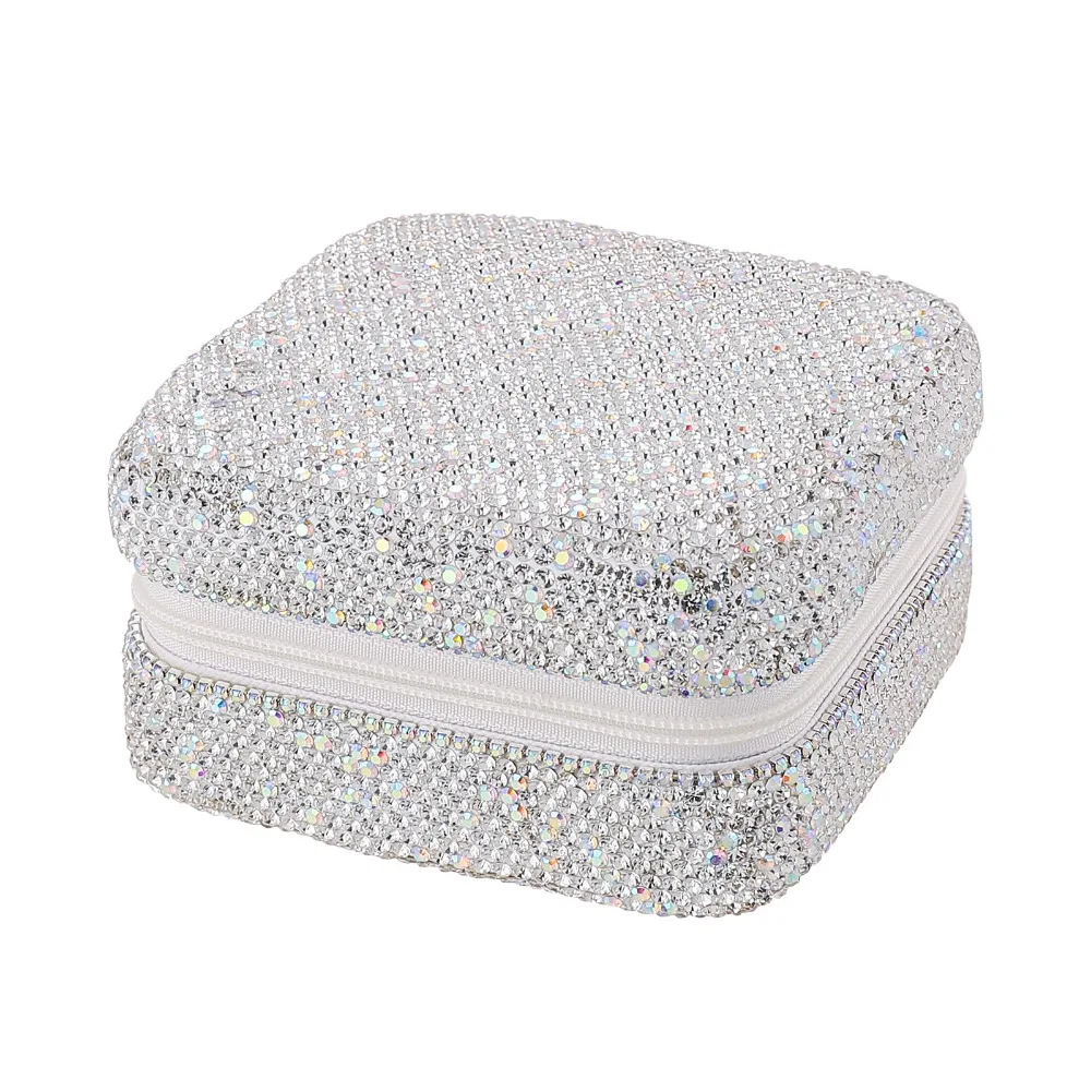 

Luxury Bling Rhinestone Jewelry Box Double Layer Square Portable Ring Holder Zipper Closure With Mirror
