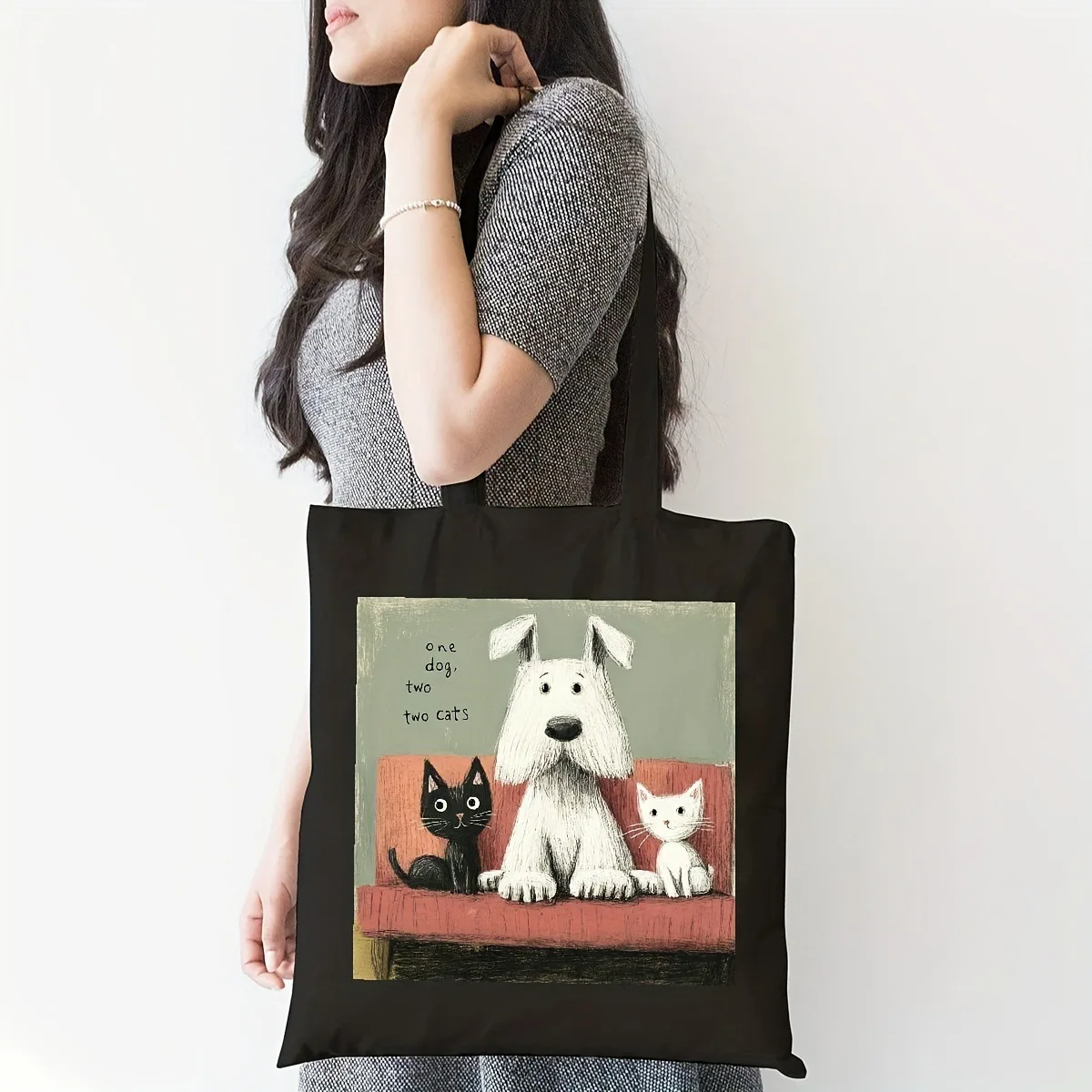 Cute Dog Printed Canvas Bag Folding Bag Handheld Shopping Bag Portable Large Capacity Storage Women's Travel and Youth Handbag