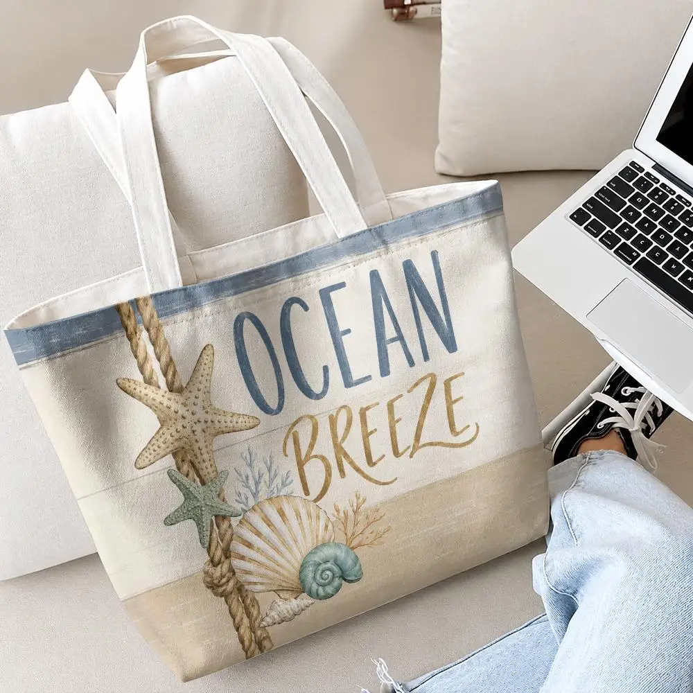 Summer Starfish and Shell Storage Bags 2-Piece Set Double-Sided Print with Zipper Canvas Eco Tote Bag for Beach Travel Picnic