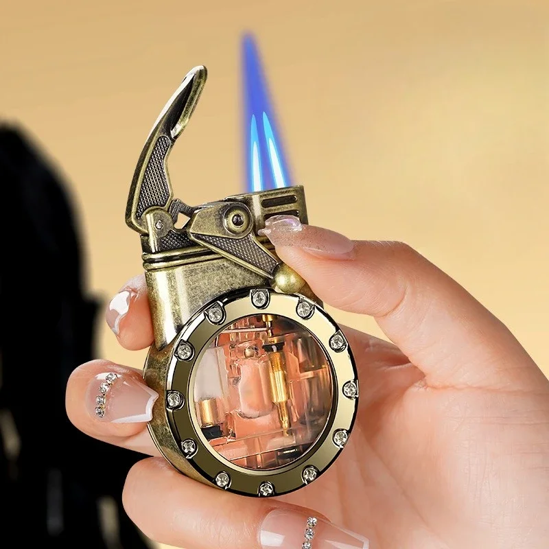 High-value Rocker Double Straight-forward Blue Flame Inflatable Lighter, Transparent Visual Air Compartment, Men's High-end Gift