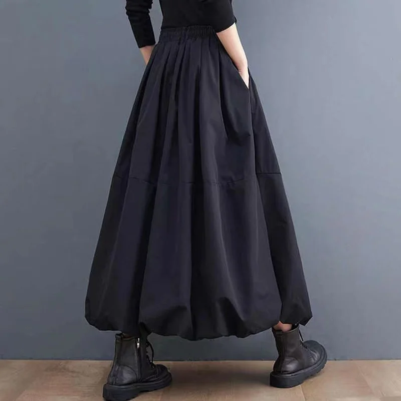 L-4XL Women\'s Black Long Tutu Skirt With Pockets Fashion High Waist A-Line Maxi Skirts Womens Loose Casual Pleated Skirt C419