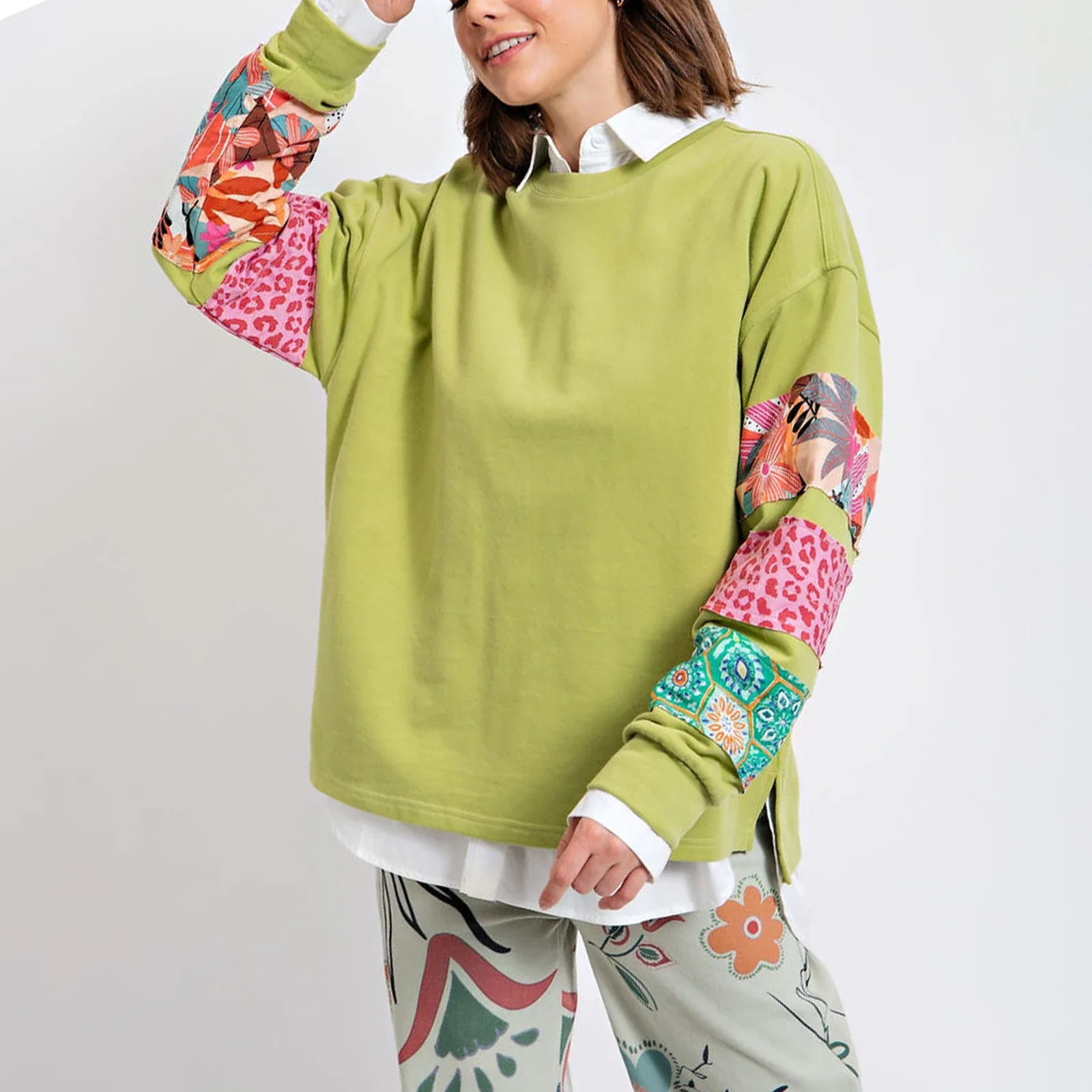 Fashion Print Patchwork Womens Long Sleeve Tops Loose Round Neck Side Split Hem High Low Sweatshirts Casual Streetwear