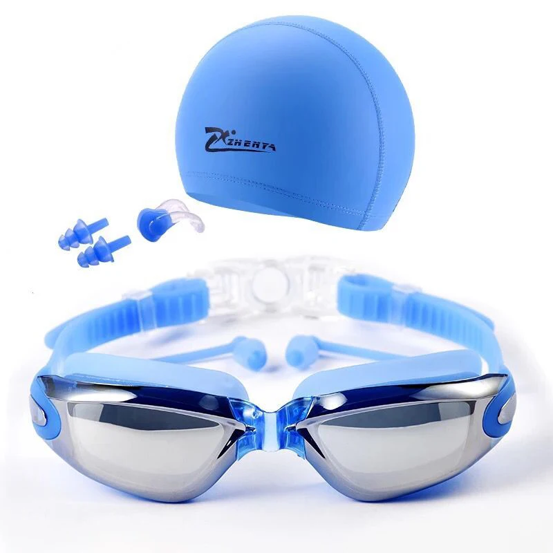 Swim Goggles with Cap Ear Plug Nose Clip Suit Professional Swimming Glasses Anti-fog PU Hat Waterproof Swim Eyewear