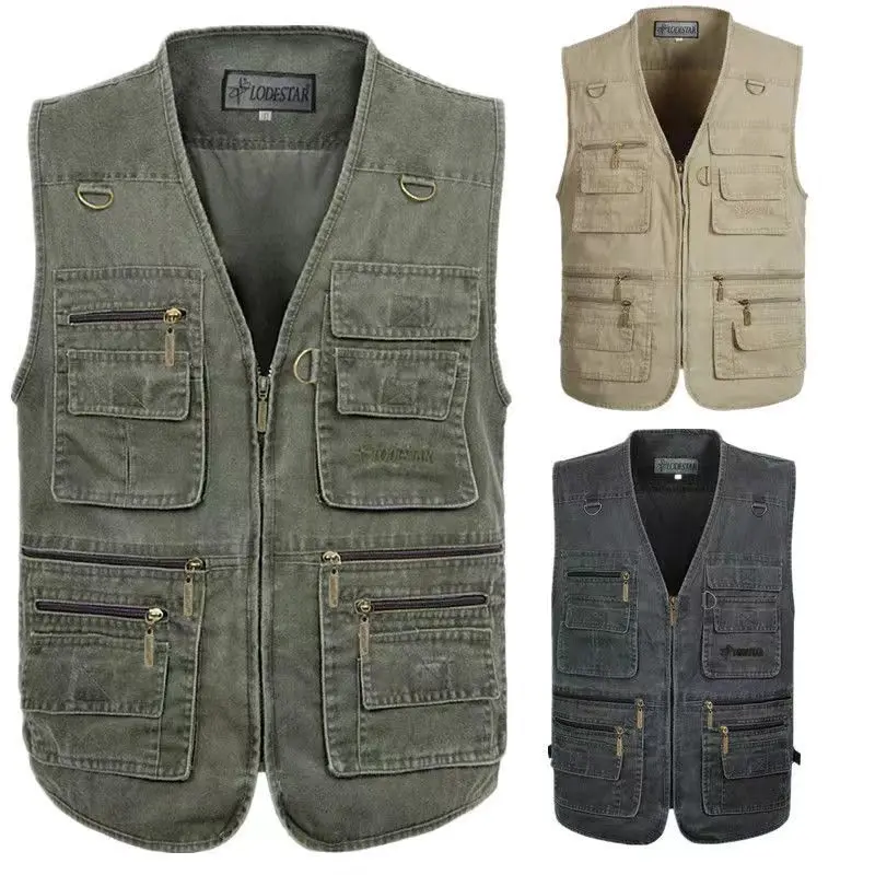 Men's Pure Cotton Vest Jacket Casual Outdoor Fishing Vest Spring Autumn Middle-Aged And Elderly Leisure Shoulder Pad Multi-Po...
