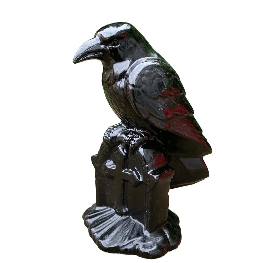Natural Black Obsidian Raven Tombstone Statue Hand Carved Gothic Crow Figurine Wiccan Altar Decor Spiritual Protection Energy