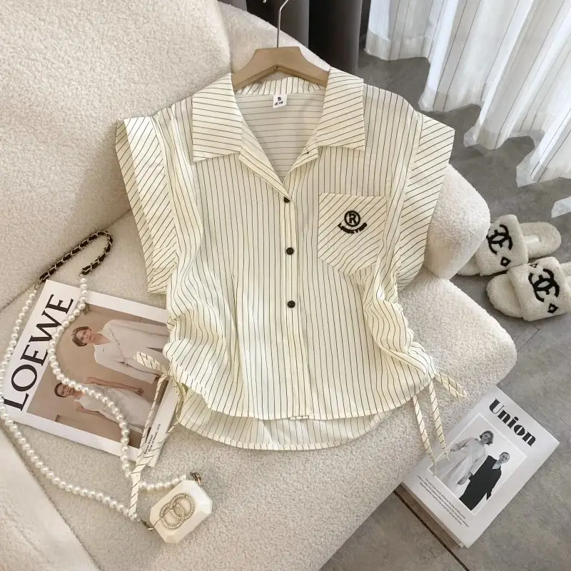 Summer Woman Clothes French Style Preppy Lovely Princess Style Drawstring Striped Solid Color Elegant Casual Polo-neck Thin Easy