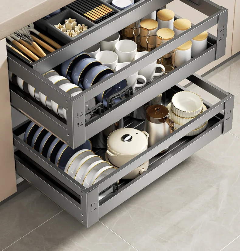 

Basket-pulling Kitchen Cabinet with Three-layer Drawer-type Aluminum Alloy Deepening Cabinet with Bowls, Chopsticks, Pots, Pans