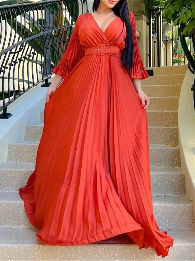 Sexy V-Neck Pleated Dinner Party Dress Women Yellow Elegant with Belt Long Sleeve Robe Femme African Maxi Red Vestido