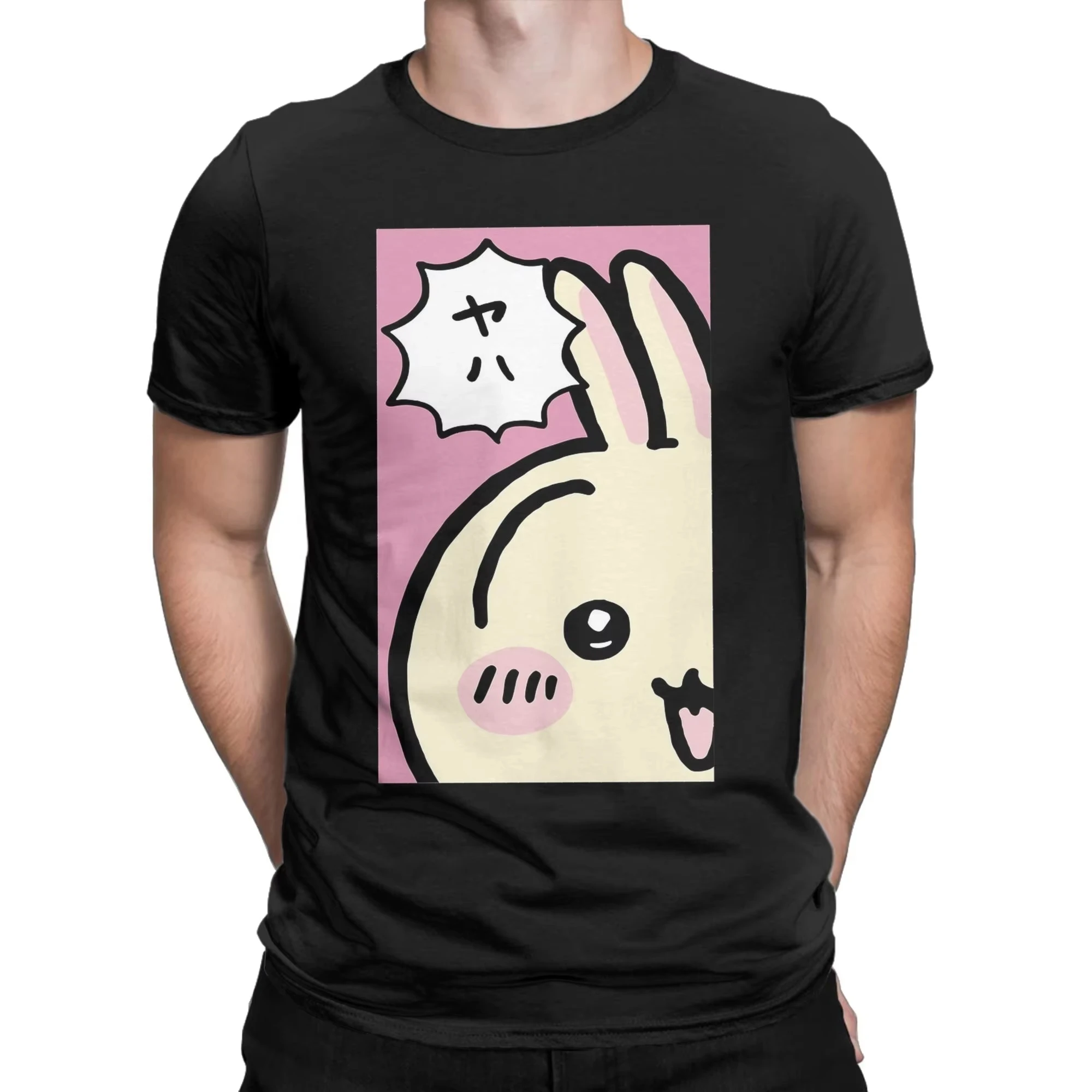 Men T-Shirt Peek A Boo Usagi Chiikawas Hachiware Vintage 100% Cotton Tees Short Sleeve T Shirt Round Collar Clothing Printed